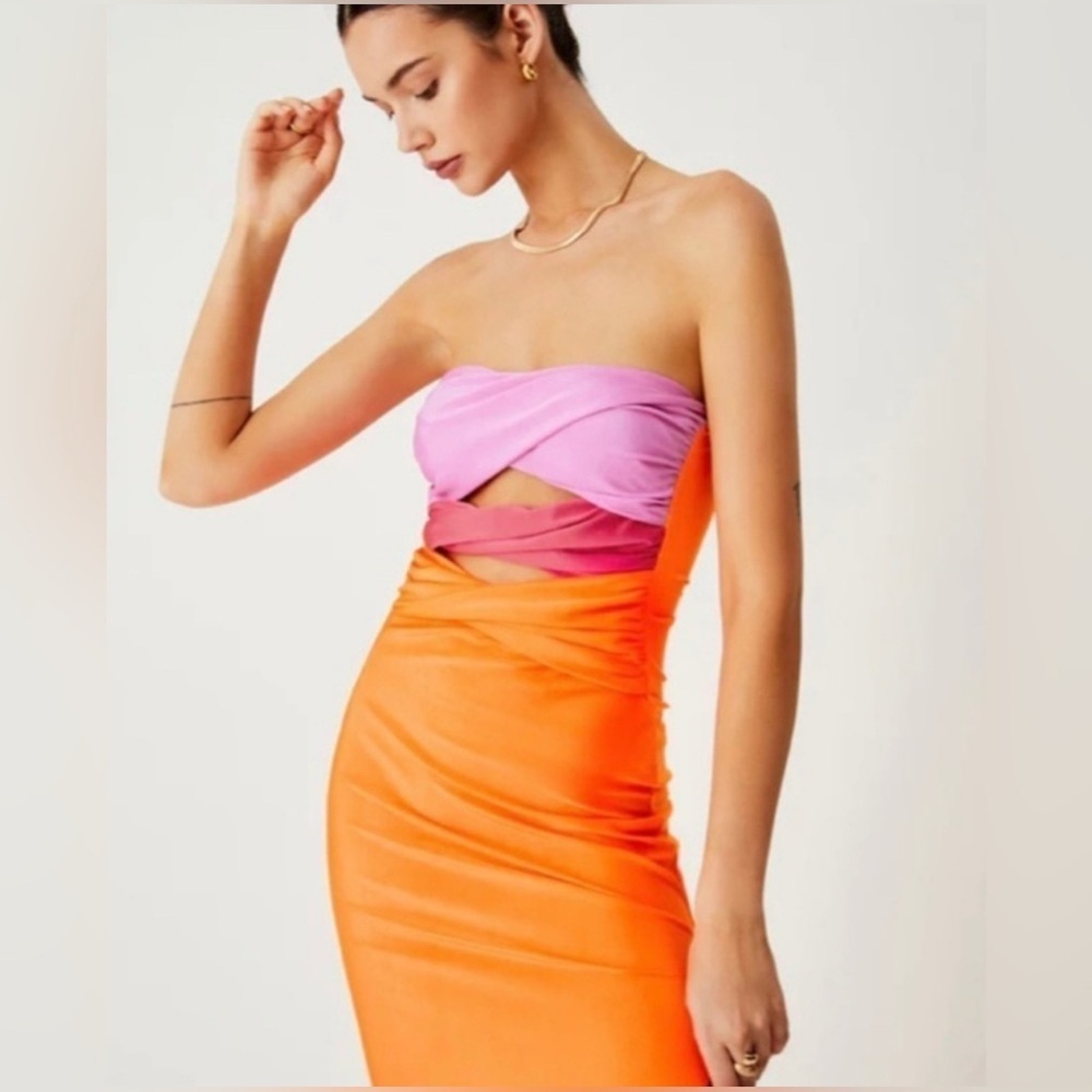 NWT Commense Bright Pink Orange Colorblock Cut Out Tube Top Mermaid Dress resort - Picture 4 of 8